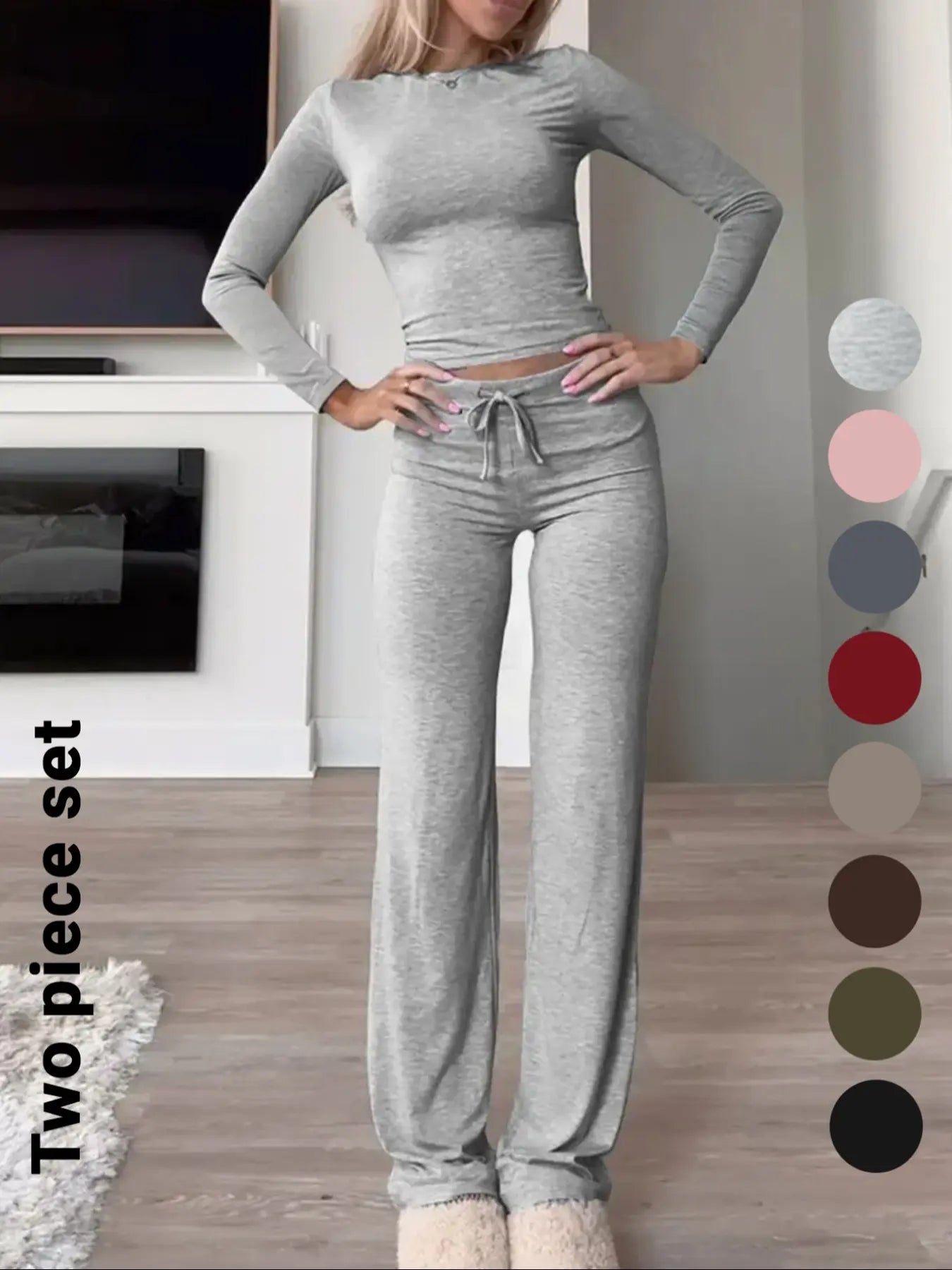 Chic Women's Long-Sleeve Crop Tee & High-Waisted Drawstring Pants Set - Perfect for Fall and Winter Casual Style