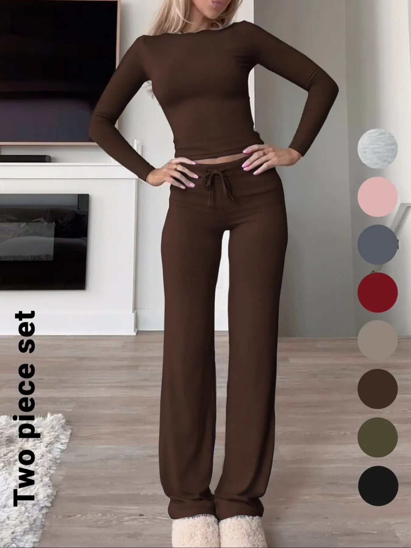Chic Women's Long-Sleeve Crop Tee & High-Waisted Drawstring Pants Set - Perfect for Fall and Winter Casual Style
