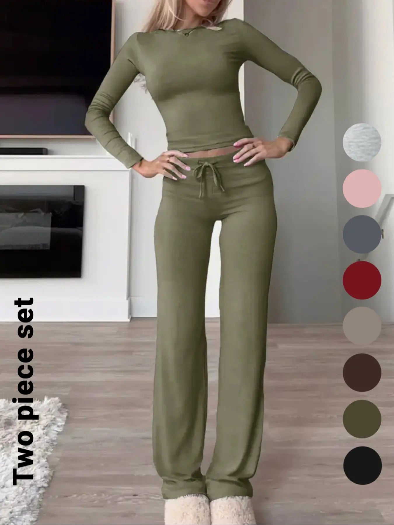 Chic Women's Long-Sleeve Crop Tee & High-Waisted Drawstring Pants Set - Perfect for Fall and Winter Casual Style