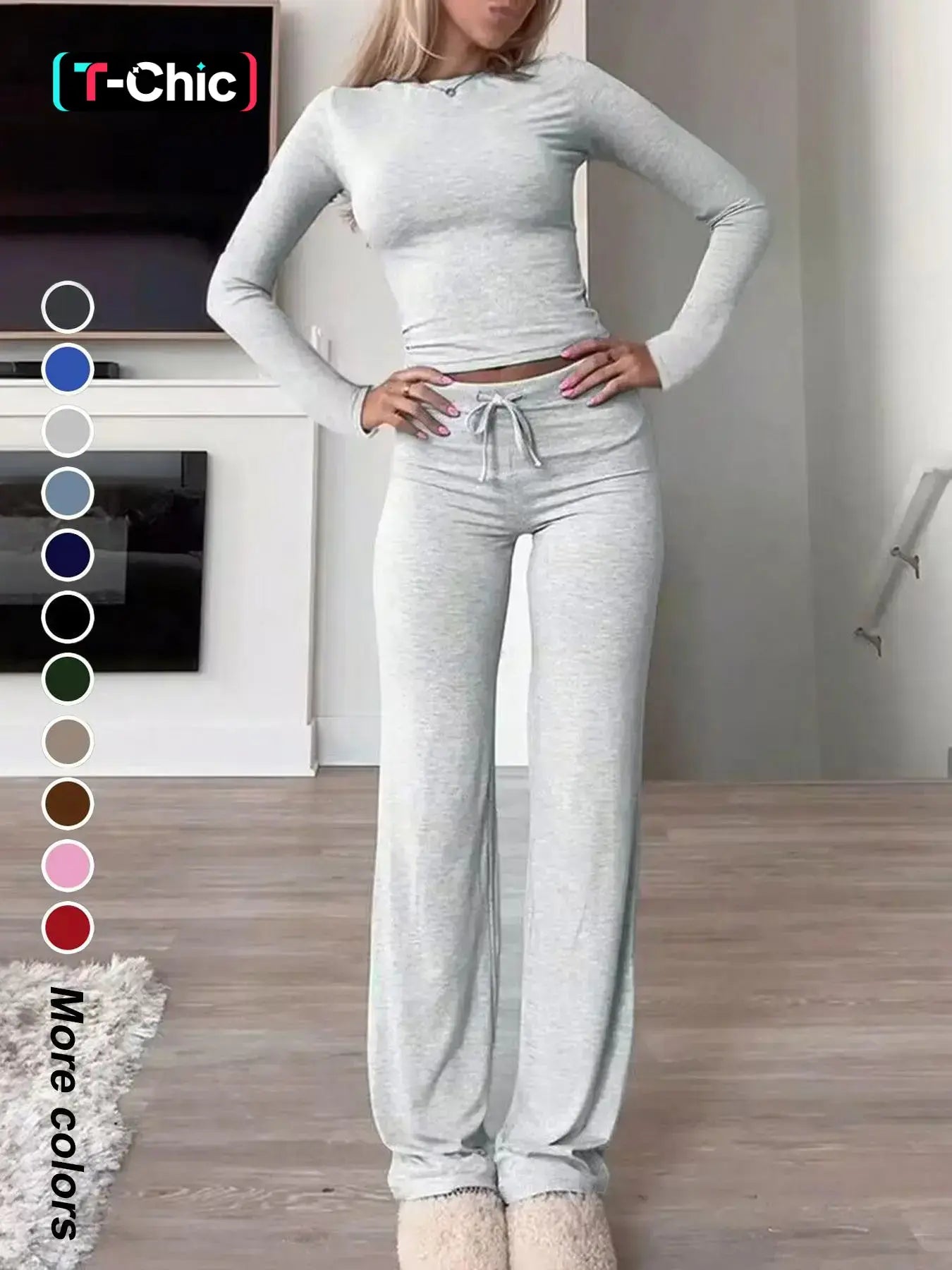 Chic Women's Long-Sleeve Crop Tee & High-Waisted Drawstring Pants Set - Perfect for Fall and Winter Casual Style