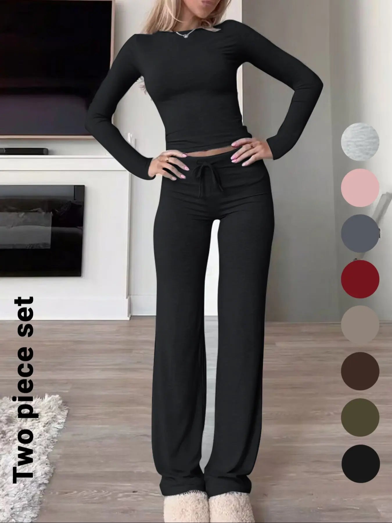 Chic Women's Long-Sleeve Crop Tee & High-Waisted Drawstring Pants Set - Perfect for Fall and Winter Casual Style