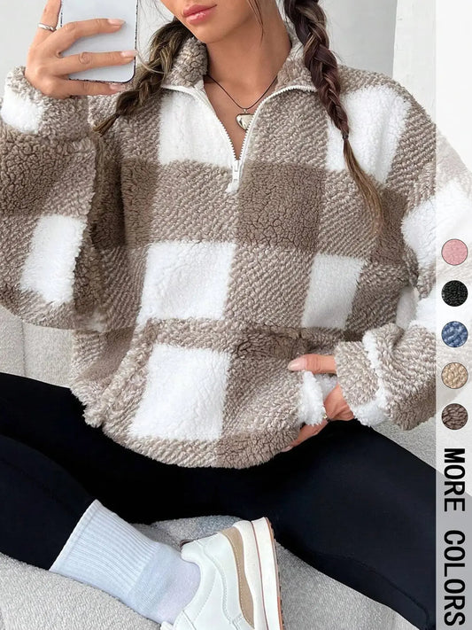 Women'S Plaid Half Zip Drop Shoulder Fleece Sweatshirt, Casual Style Long Sleeve Collar Pullover for Spring & Fall, Ladies Clothes for Daily Wear, Womenswear, Tops