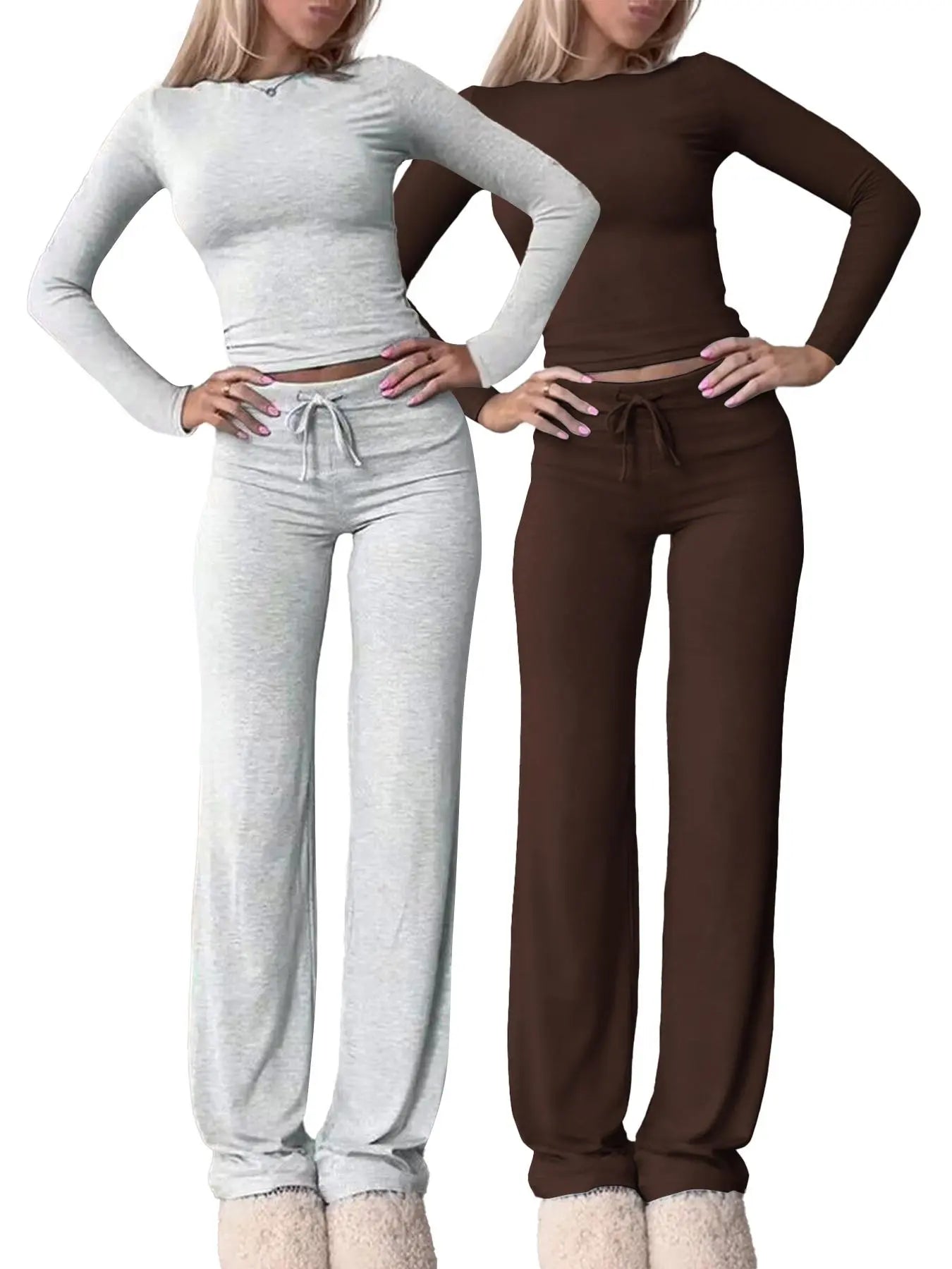 Chic Women's Long-Sleeve Crop Tee & High-Waisted Drawstring Pants Set - Perfect for Fall and Winter Casual Style