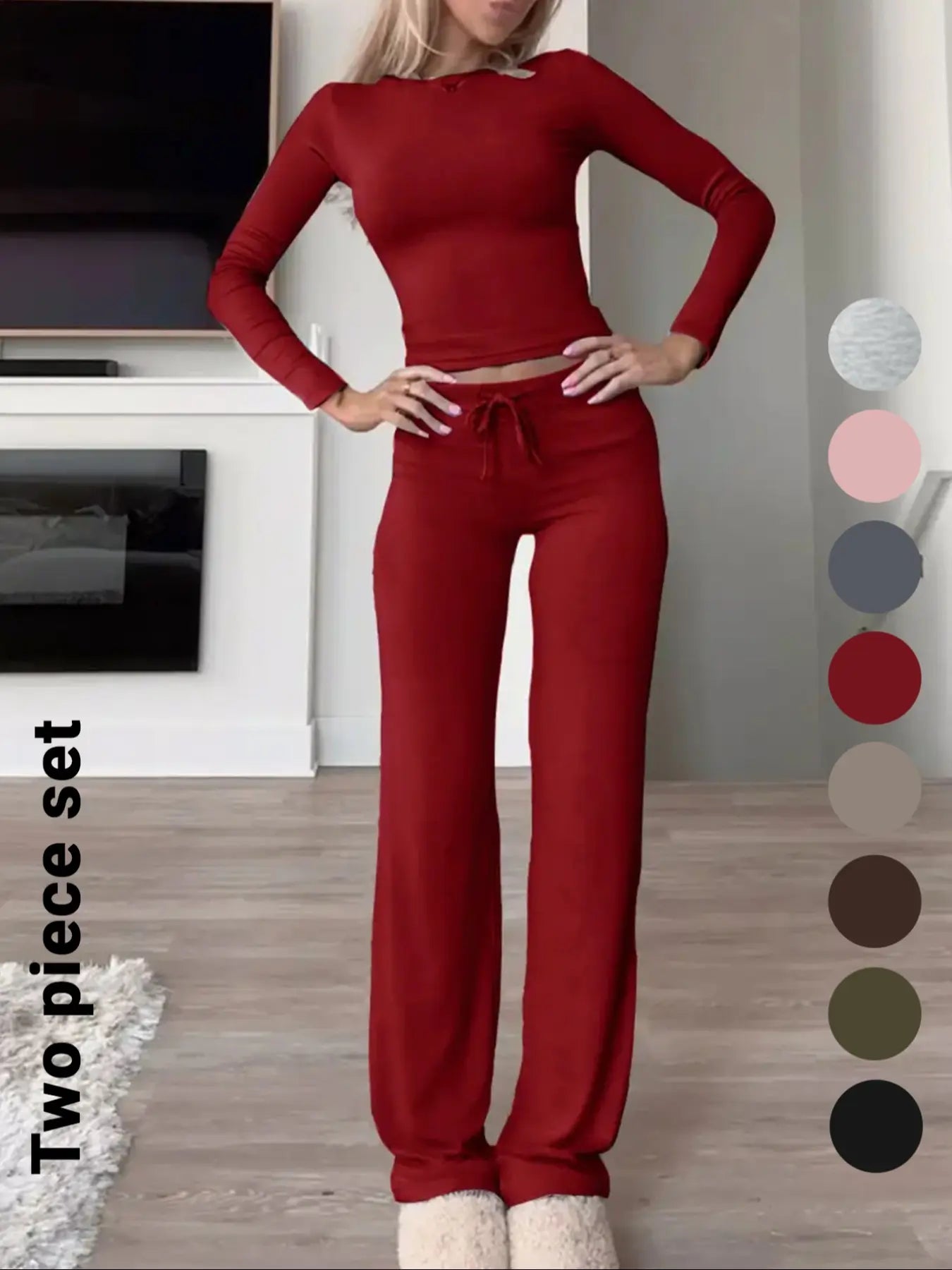Chic Women's Long-Sleeve Crop Tee & High-Waisted Drawstring Pants Set - Perfect for Fall and Winter Casual Style