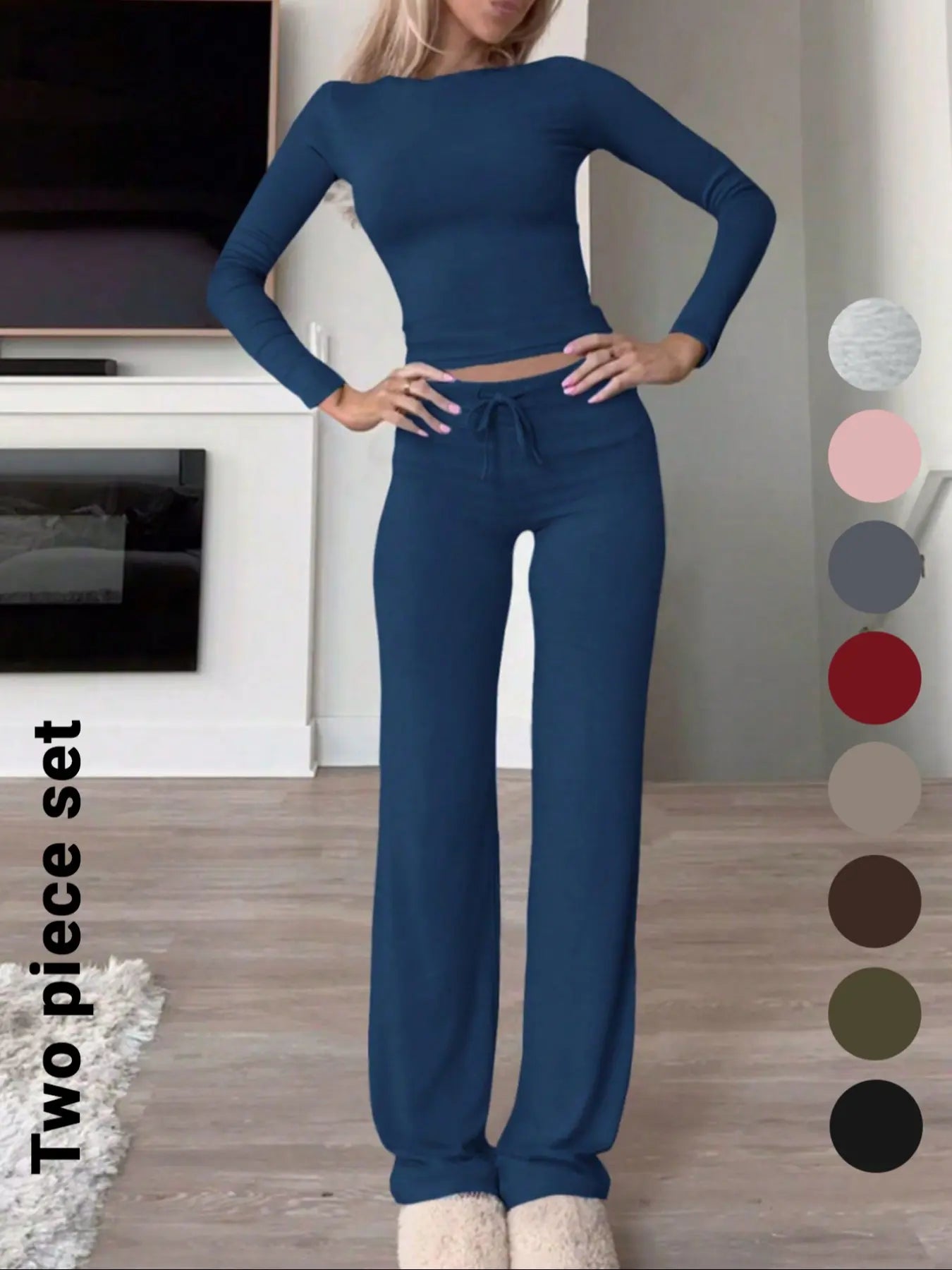 Chic Women's Long-Sleeve Crop Tee & High-Waisted Drawstring Pants Set - Perfect for Fall and Winter Casual Style
