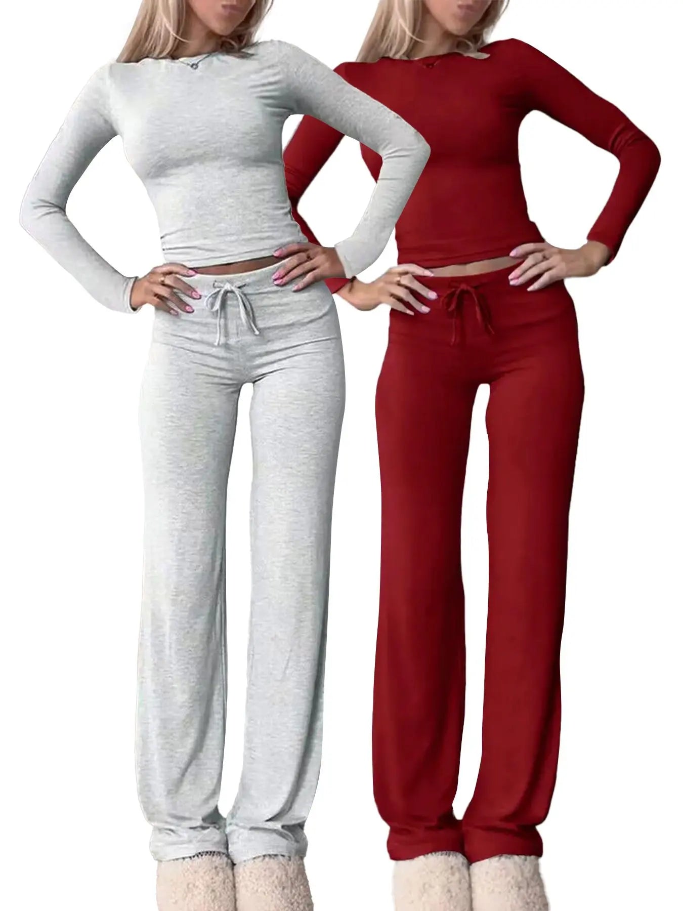 Chic Women's Long-Sleeve Crop Tee & High-Waisted Drawstring Pants Set - Perfect for Fall and Winter Casual Style