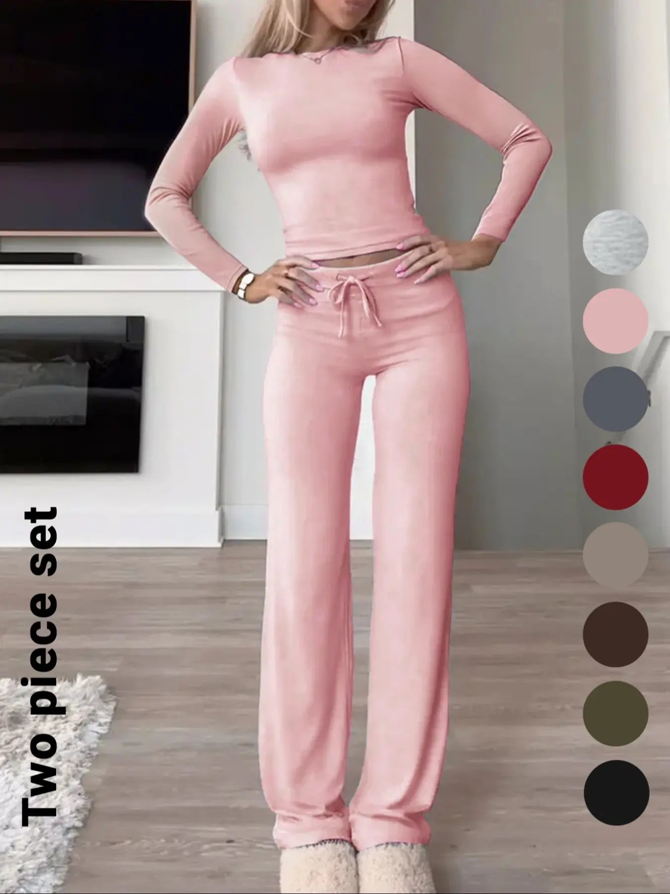 Chic Women's Long-Sleeve Crop Tee & High-Waisted Drawstring Pants Set - Perfect for Fall and Winter Casual Style