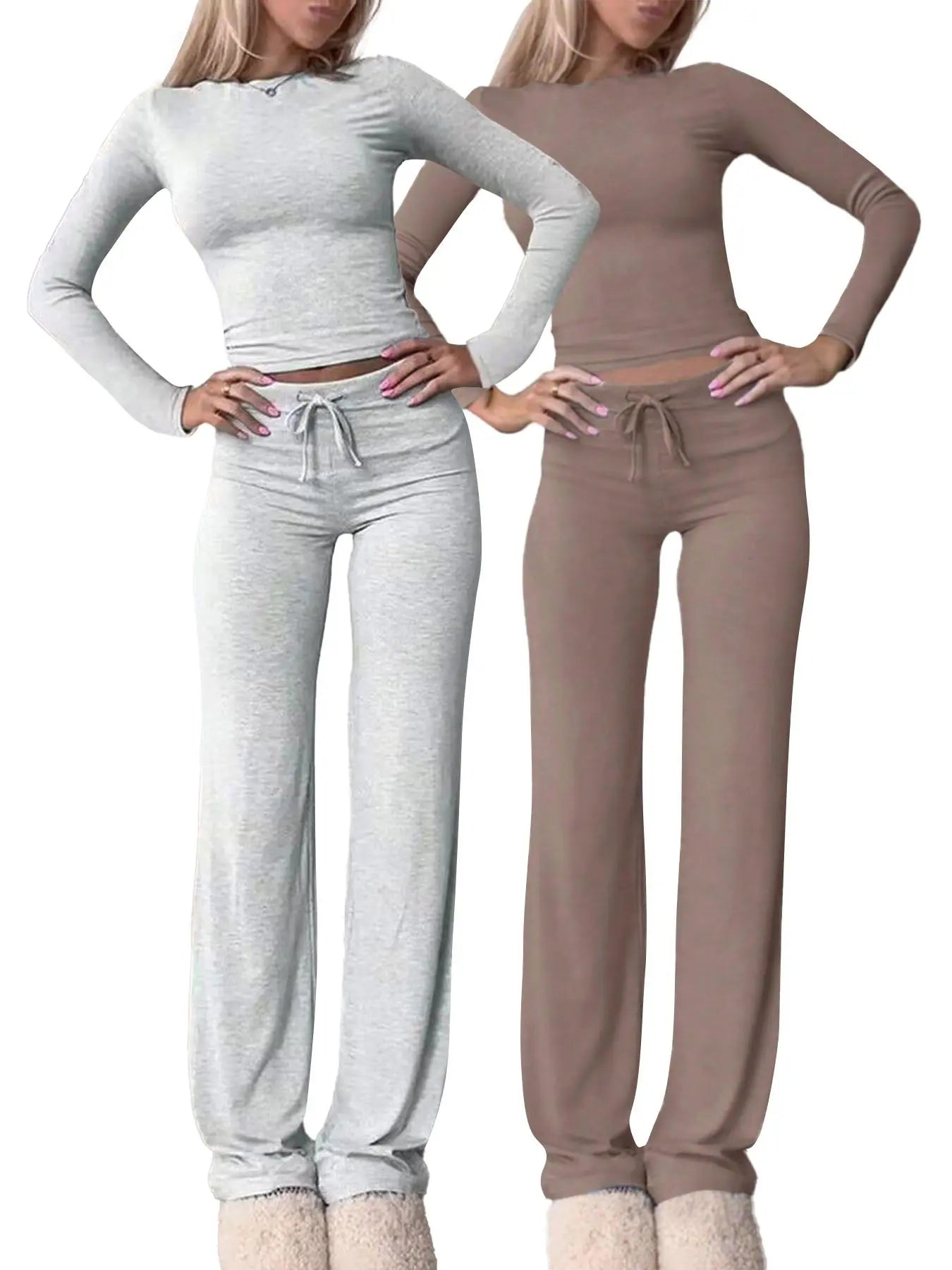 Chic Women's Long-Sleeve Crop Tee & High-Waisted Drawstring Pants Set - Perfect for Fall and Winter Casual Style