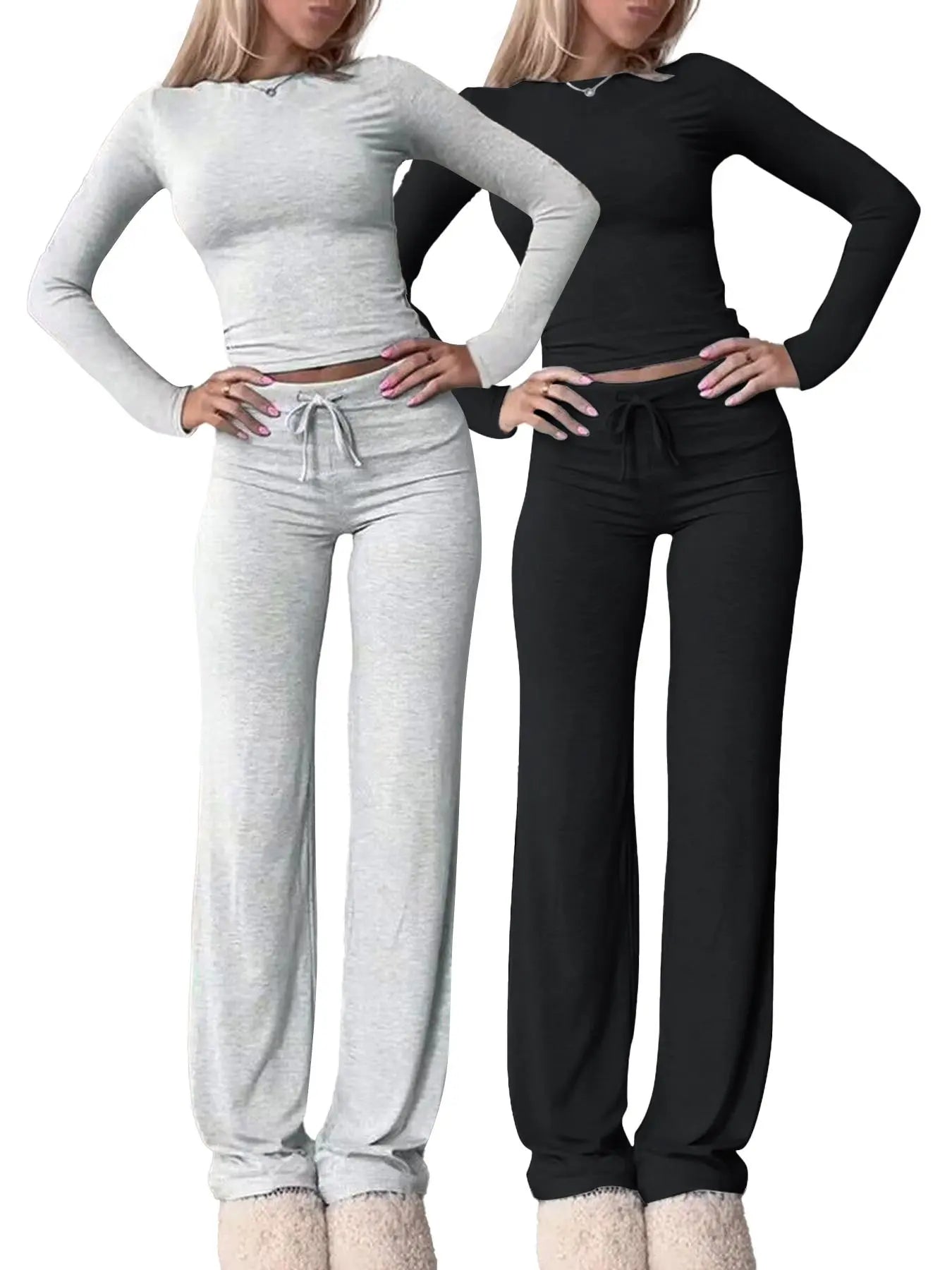Chic Women's Long-Sleeve Crop Tee & High-Waisted Drawstring Pants Set - Perfect for Fall and Winter Casual Style