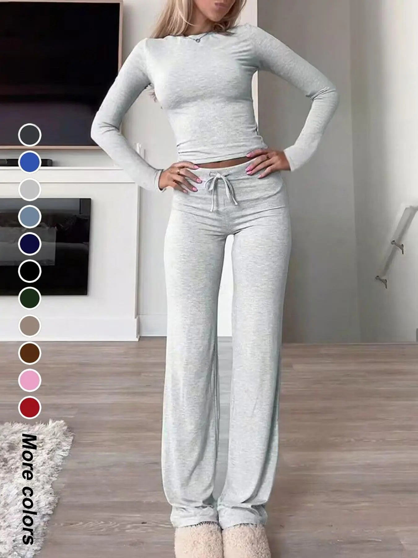 Chic Women's Long-Sleeve Crop Tee & High-Waisted Drawstring Pants Set - Perfect for Fall and Winter Casual Style