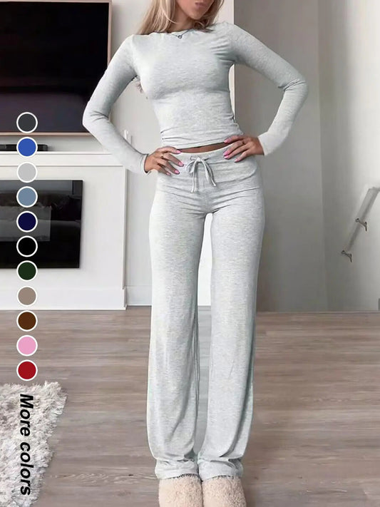 Chic Women's Long-Sleeve Crop Tee & High-Waisted Drawstring Pants Set - Perfect for Fall and Winter Casual Style