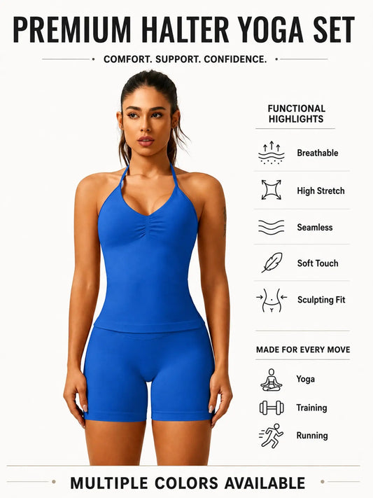 Elevate Your Workout with Our Women's Solid Ruched Backless Halter Top & High Waist Shorts Tracksuit Set - Perfect for Yoga, Gym, and Running!
