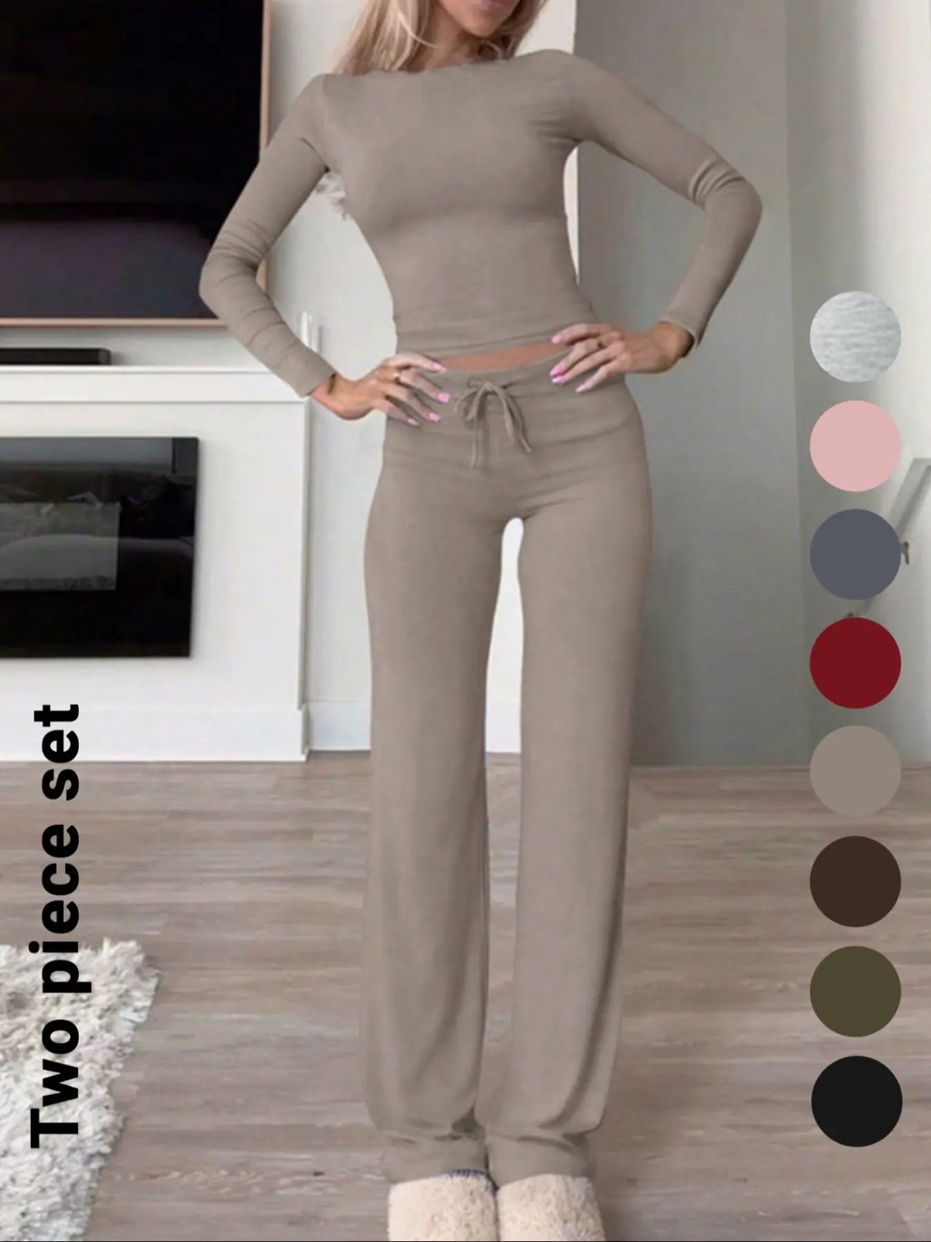 Chic Women's Long-Sleeve Crop Tee & High-Waisted Drawstring Pants Set - Perfect for Fall and Winter Casual Style