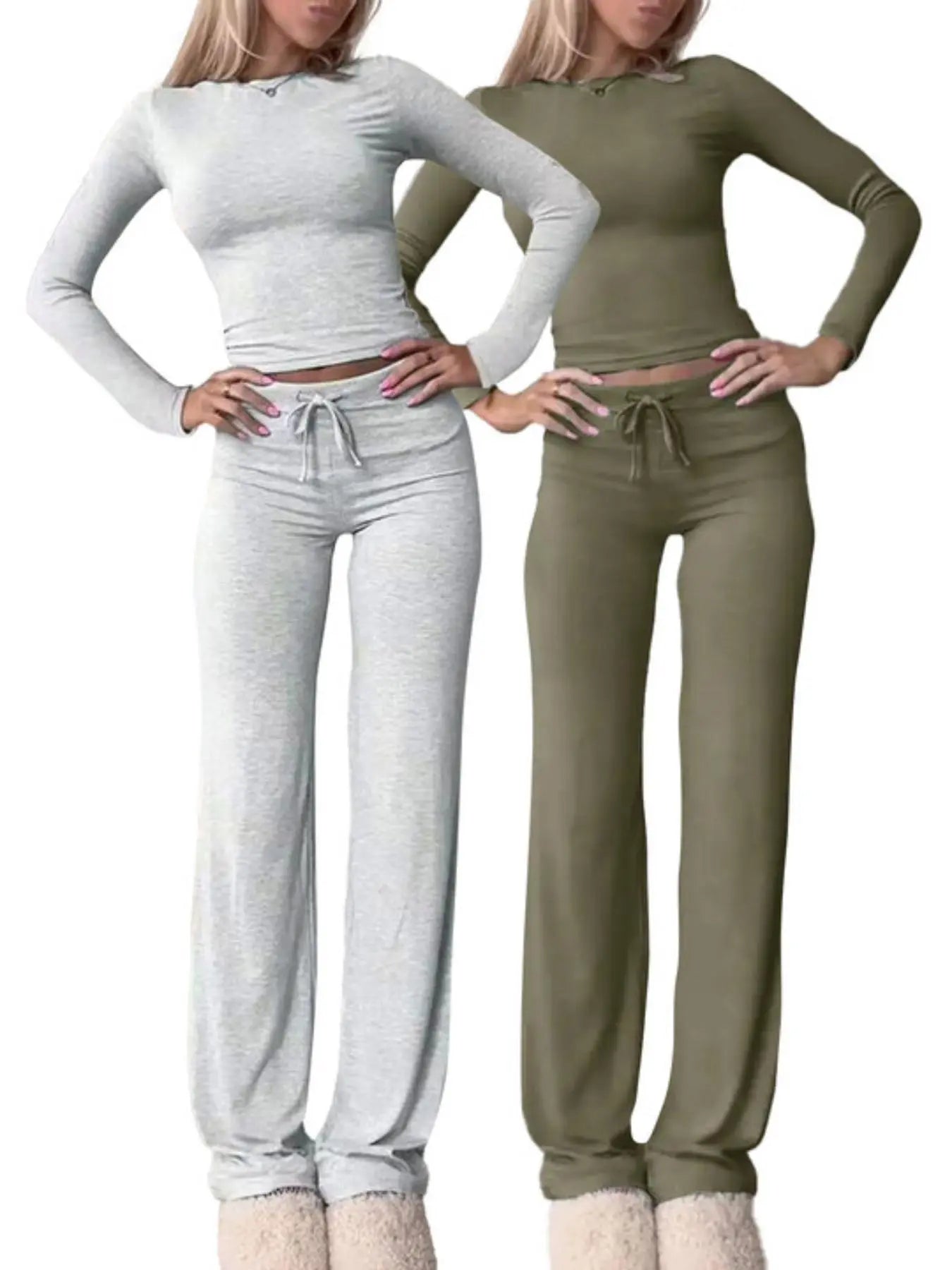 Chic Women's Long-Sleeve Crop Tee & High-Waisted Drawstring Pants Set - Perfect for Fall and Winter Casual Style