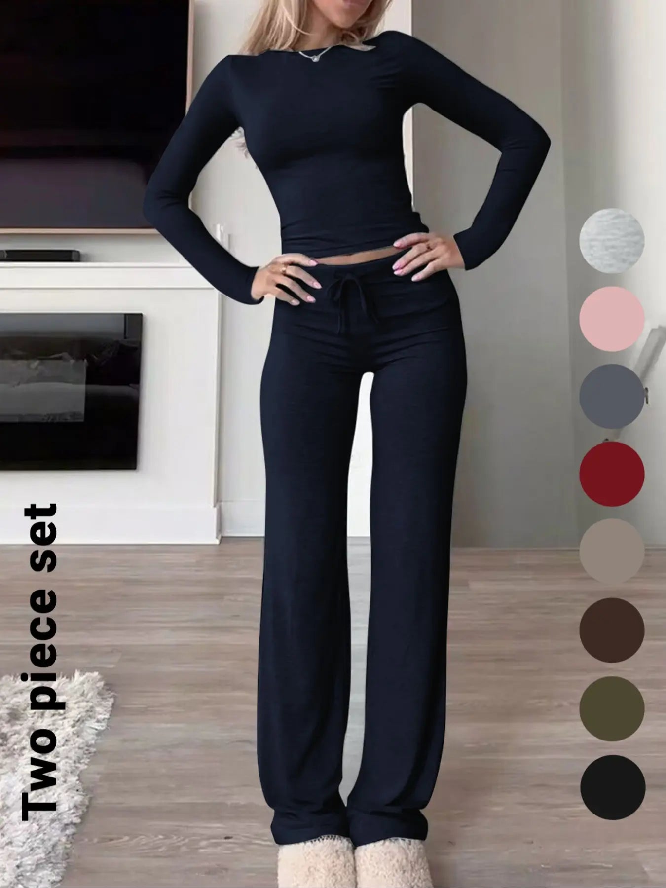 Chic Women's Long-Sleeve Crop Tee & High-Waisted Drawstring Pants Set - Perfect for Fall and Winter Casual Style