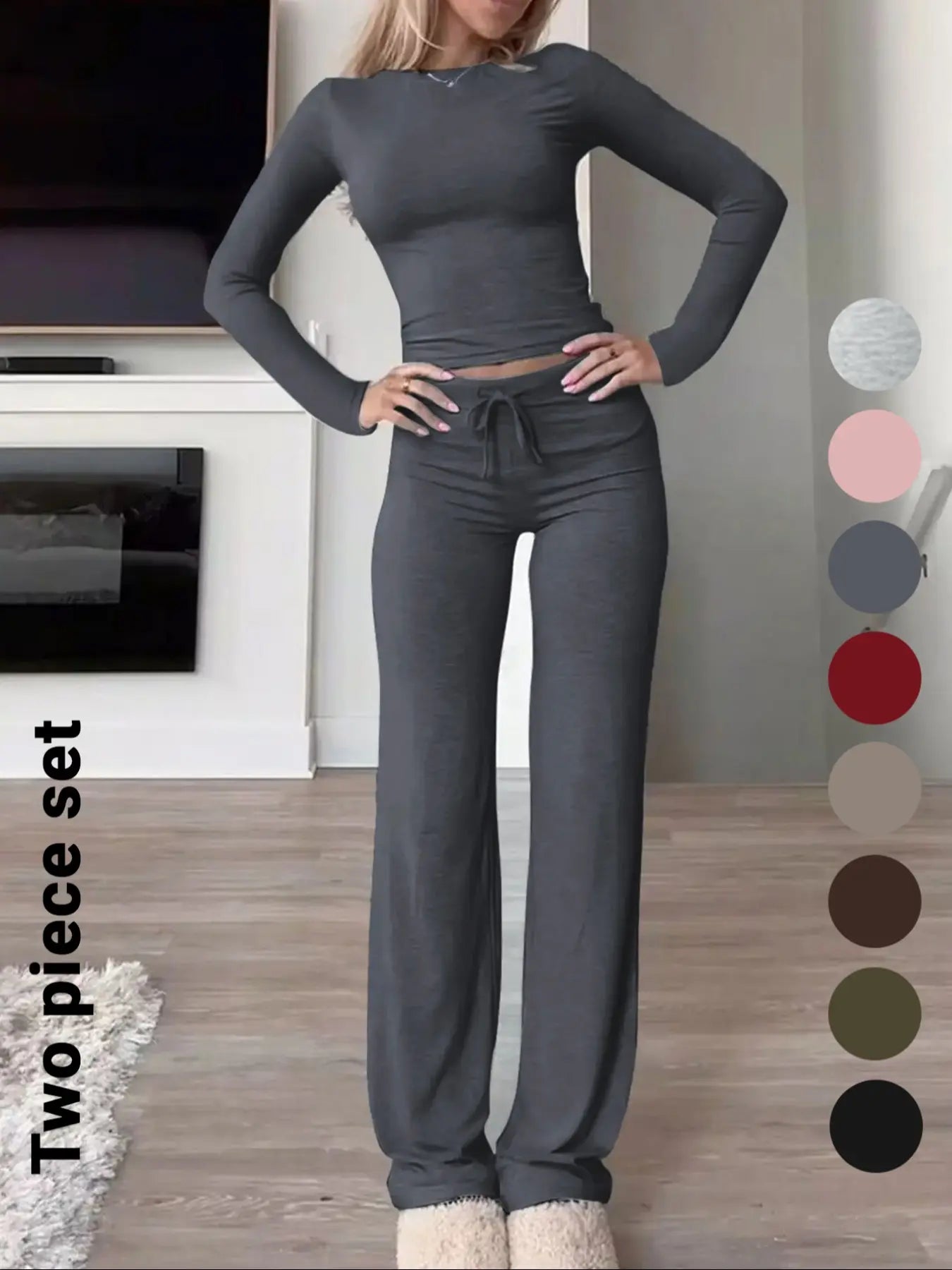 Chic Women's Long-Sleeve Crop Tee & High-Waisted Drawstring Pants Set - Perfect for Fall and Winter Casual Style