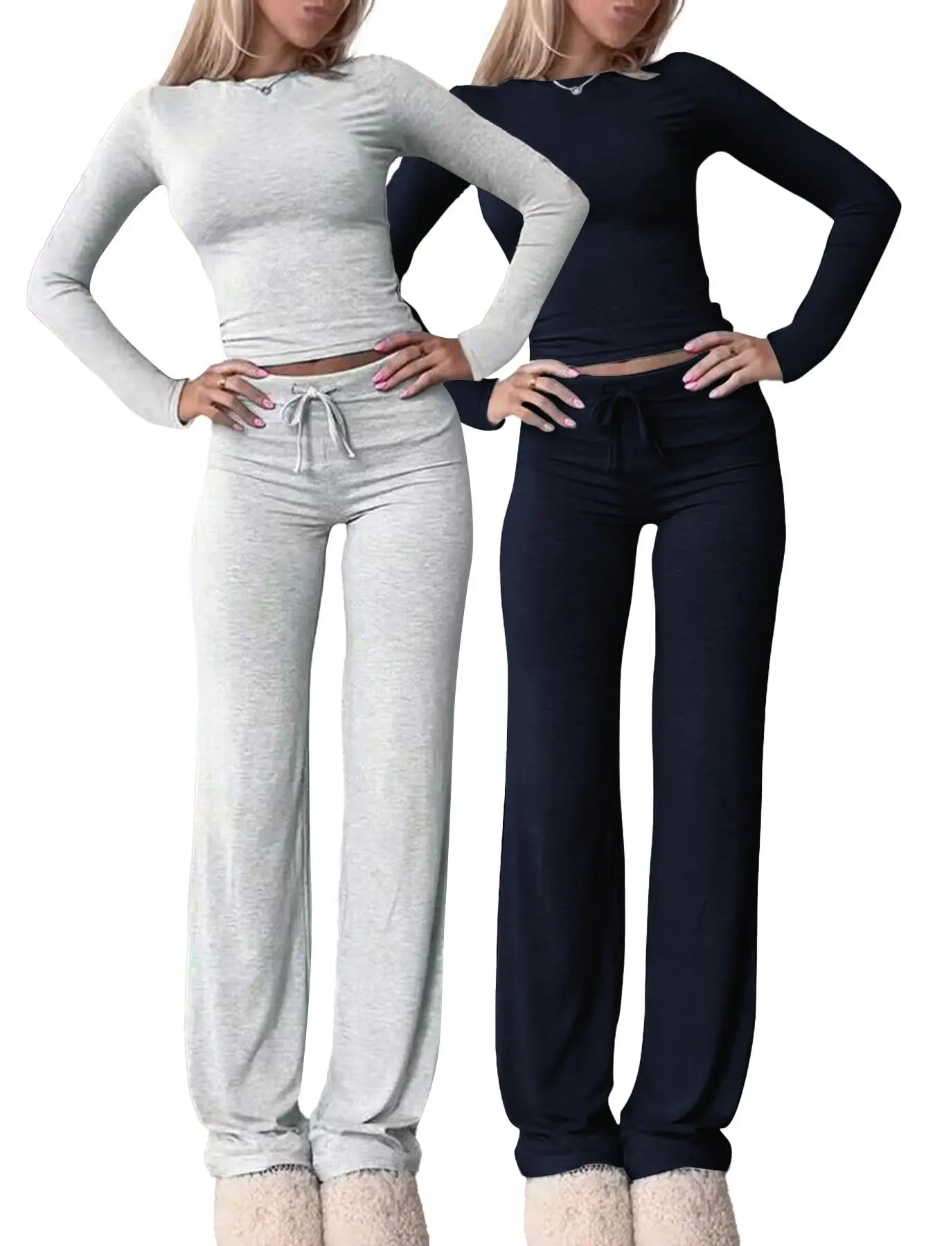 Chic Women's Long-Sleeve Crop Tee & High-Waisted Drawstring Pants Set - Perfect for Fall and Winter Casual Style